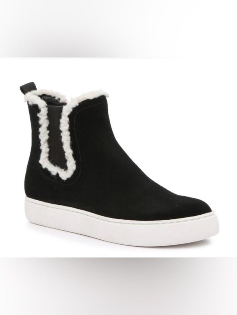 Lucky Brand Kachai Chelsea Boot Black Suede White Faux Shearling Fur Size 7 NEW - Picture 1 of 11
